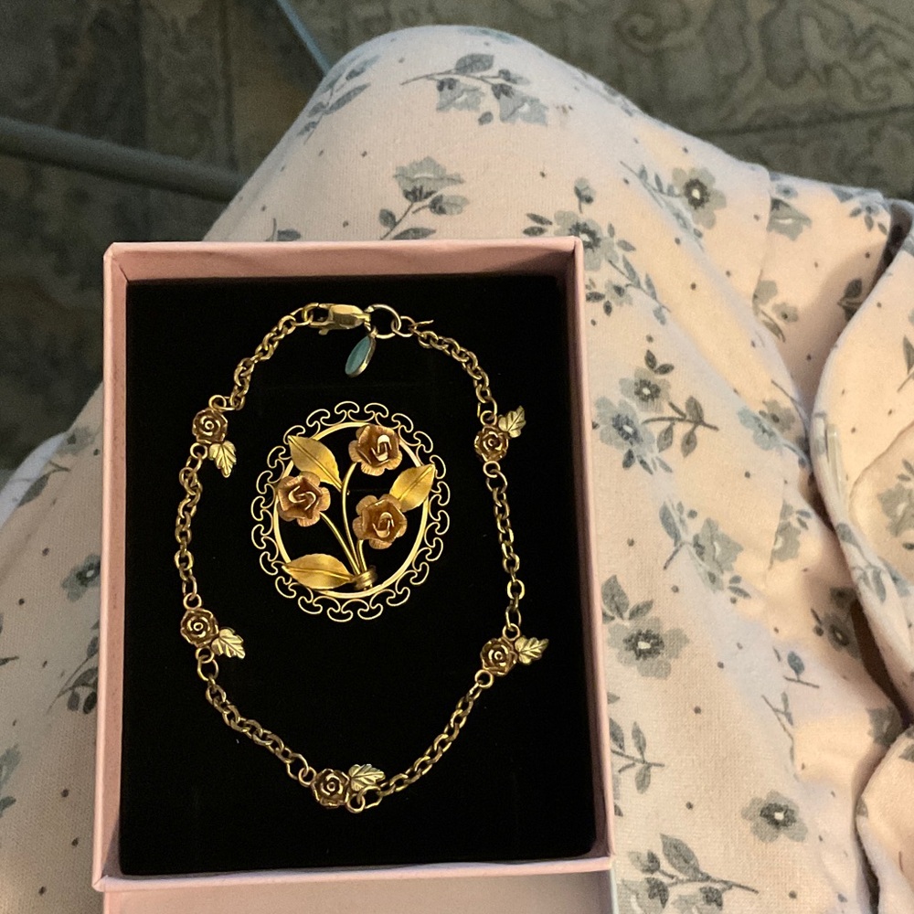 Gold Floral Bracelet and Pendant Set copied after Black Hills jewelry.